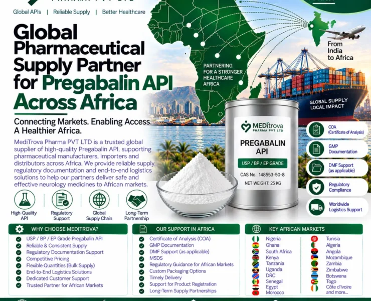 Global pharmaceutical supply partner for Pregabalin API across Africa. MediTrova supports bulk sourcing, documentation, exports, logistics and repeat supply.
